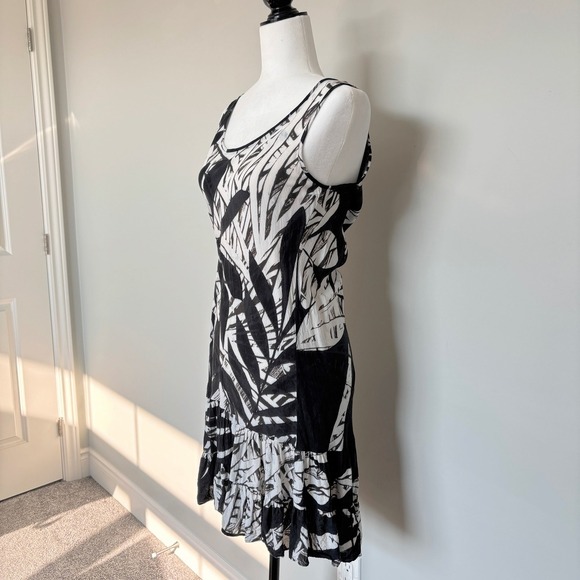 Jams World Size XS Dress Tropical Print Black White Sleeveless Midi Tiered - Picture 2 of 11